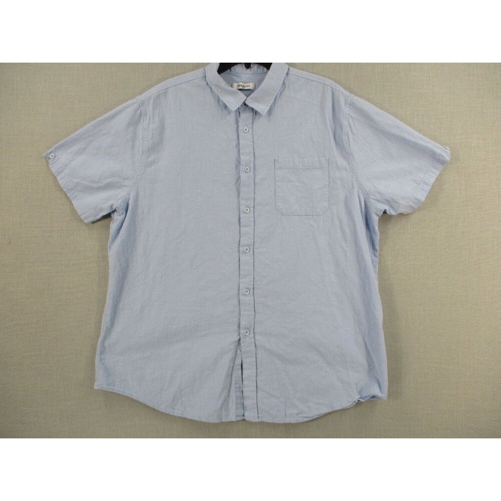 Jekaoyi Mens‎ Light Blue Short Sleeve Button-Up Shirt XXL Cotton Linen Blend
